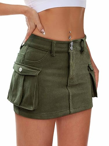 Mancreda Women Cargo Mini Skirt Low Waist Button Bodycon Y2K Pockets Corduroy Skirts