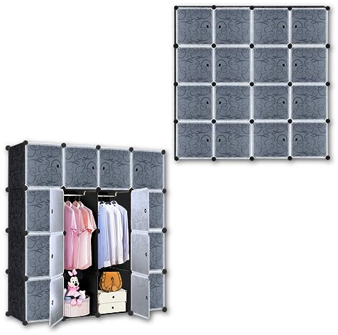 SUBTLETY Regalsystem Kleiderschrank PP Kunststoff Würfelregal mit Türen 140x35x140cm DIY Garderobenschrank Steckregal Aufbewahrung Boxen von Kleidung Schuhen Büchern Spielzeug (Schwarz, 16 Fächer)