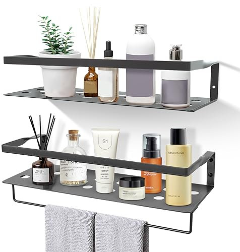 Uten Floating Shelves Iron Wall Mounted Shelf with Towel Bar, Iron Shelves Set of 2 for Bedroom, Bathroom, Living Room, Kitchen, Home Office, Laundry Room, Grey