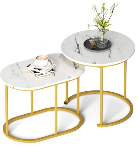 sogesfurniture 2 Stück Runder Beistelltisch Couchtisch Akzenttisch Kunstmarmor Runder Nisttisch Set von 2 Stück Beistelltisch Set für Wohnzimmer, Schlafzimmer, Balkon, Büro, Weiß & Gold