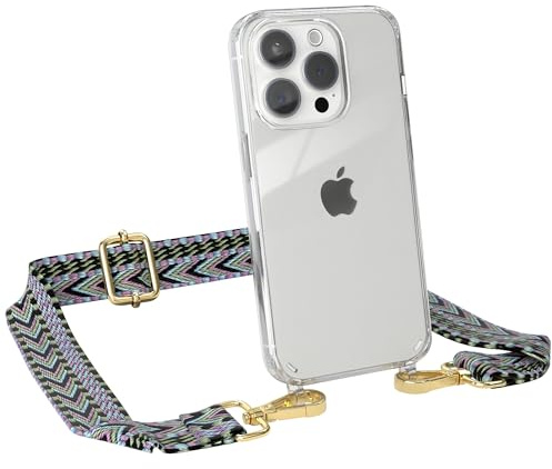 EAZY CASE Handykette - Verstellbares Taschenband kompatibel mit iPhone 15 Pro, Schulterriemen, Handykordel mit Silikon Hülle, Umhängetasche, Lila Grün Gold