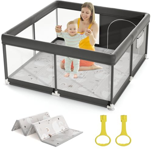 Laufstall Baby mit Matratze, 120x120 Kleines Laufgitter Baby mit Matte, Laufgitter mit Atmungsaktivem Netz an Vier Seiten und Saugnäpfen, Dunkelgrau