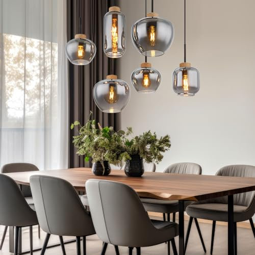 GLOBO Pendellampe Pendelleuchte Hängelampe Esstischleuchte, 6 flammig, Retro Rauchglas Metall schwarz Hanf braun, 6x E27 Fassungen, LxBxH 80x40x120cm
