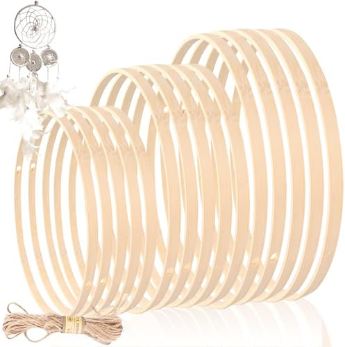 TAIHOBO 15 Stück Holzringe zum Basteln, 6 Holzringe Makramee mit Löchern, 9 Löcherlose Holzring für Traumfänger Basteln, 15/18/20cm Makramee Zubehör für DIY, Kranz Rohling Dekoring Mit Hanfseil