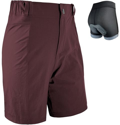 Wulibike Radlerhose Damen Mountainbike-Radhose 2 in 1 gepolstert MTB Shorts Frauen Fahrradhose mit Polsterung Reiten Fahrrad Radfahrhose Reißverschlusstaschen Burgund XXL