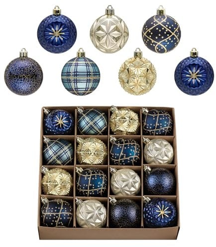 Valery Madelyn Ornaments for Christmas Trees, 16ct 2.36 Inches Blue and Gold Shatterproof Christmas Tree Decorations, Luxury Hanging Ball Ornaments for Xmas Holiday Party Decor