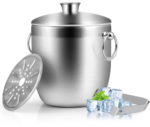 3L Edelstahl Eiswürfelbehälter, Euakee Eiskübel mit Deckel und Zange, Eisbehälter Doppelwandig für Eiswürfel perfekt für Kalte Getränke, Ideal für Bier Champagner Kühler Eiskübel Wein