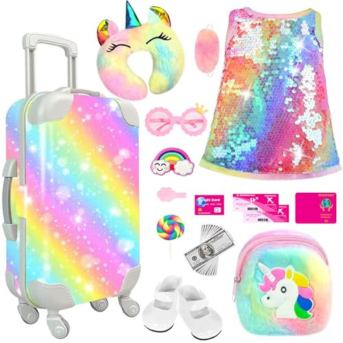 Ebuddy 24pcs 18 Inch Doll Clothes & Accessories Case - Luggage, Shining Dresses, Handbag, Glasses, Shoes