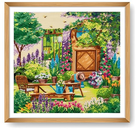 Trimits Large Cross Stitch Kits - Counted Embroidery Needlework for Adults Beginners Kids, Christmas Gifts Wall Art, (Frame Not Included) 14 Count, Country Garden