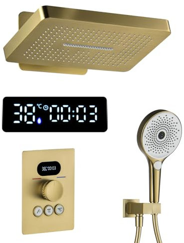 QREZAA Colonne de Douche Thermostatique Douche Encastrable Affichage Numérique Colonne de Douche Encastrable Or Brossé Ensemble de Douche avec Pommeau de Douche, Douchette