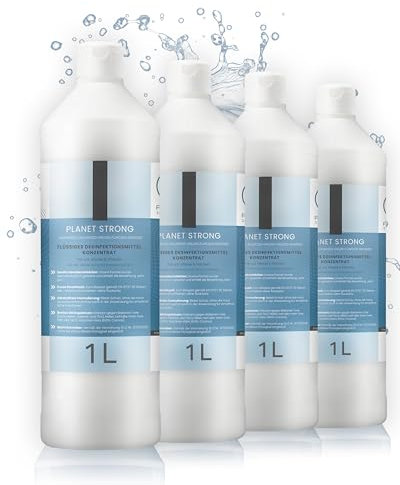 Planet Strong® – 4x1L Desinfektionsmittel Konzentrat für Flächen, Oberflächen & Hände | Alkoholfrei & mild basisch | Gegen Bakterien, Viren, Pilze, Schimmel & Gerüche | Halal Koscher | Made in Germany