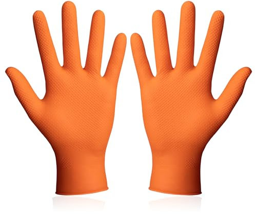 CHEF ROYALE (100, Large Orange Nitrile Gloves - Unisex Disposable Gloves - Heavy Duty Protection for Gardening, Mechanics, Cleaning, and More | Thorn Proof, Waterproof, Latex-Free (100, Large)