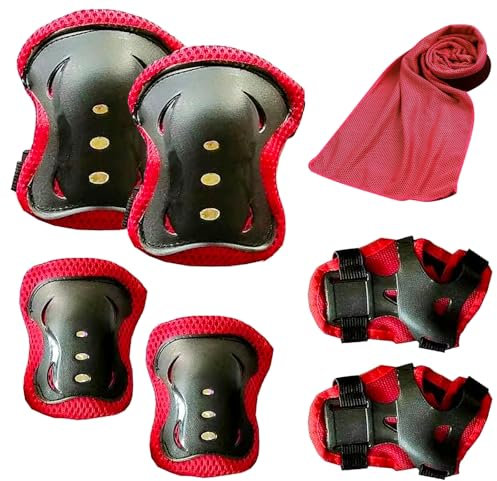 JSTHHTT Protection Roller Enfant,Protection Skateboard Enfant,Kit de Protection pour Patins à roulettes vec Genouillères,Coudières et Protège-Poignets,Equipement de Protection pour Skateboard,Rouge