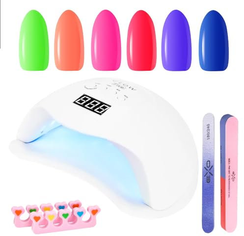 UV Lampe für Gelnägel 48w - LED Nagellampe inkl. 6 Nagellacke - Nageltrocknergerät für Nägel - UV-Lampen - Selber Machen und Zubehör - Nails Starter Set mit Licht, Nagelfeile und Separator (Neon)