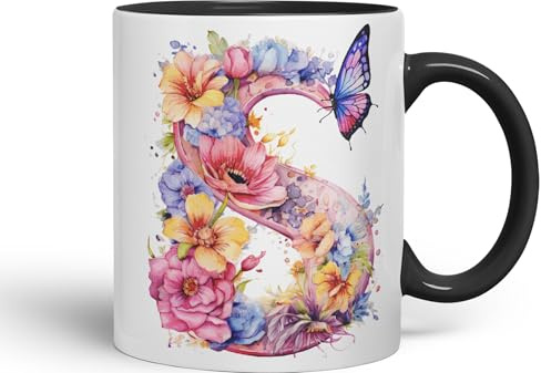 Vixar Letter S Mug, Floral Flowers Butterfly Alphabet Letter S Monogram Watercolour Ceramic Coloured Mug Cup for Tea Coffee Hot Brew 330ml 11Oz Gift (Black)