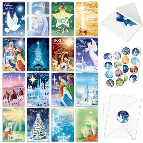 DPKOW Weihnachtskarten Krippe Jesus, 16 Stück Religiöse Christliche Weihnachtskarten mit Umschlägen und Siegelaufklebern, Weihnachten Grußkarten Glückwunschkarten, Weihnachtsfeierzubehör