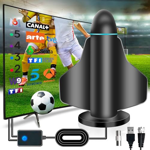 Antena de TV Interior Potente, Antena HDTV Digital de Recepción de Señal Inteligente AI en 360° con Amplificador y Cable Coaxial 5m para 4K 1080P DVB-T DTMB DVB-T2 TDT