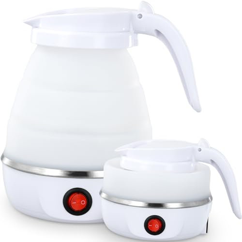 NathrBTV Tetera Electrica Plegable Fondo de Acero Inoxidable Silicona Hervidor de Viaje 0.6L Mini Hervidor Eléctrico Adecuado para Cocina Viajes al Aire Libre Camping (Blanco)