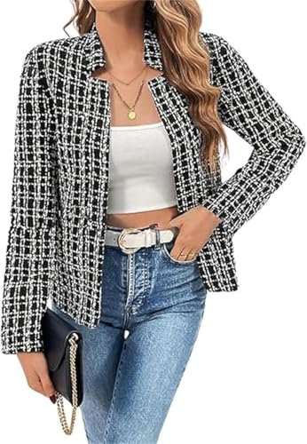 Blazer d'affaires en tweed à carreaux pour femme, blazer habillé en tweed à col cranté ouvert sur le devant pour femme, Noir , M