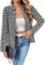 Blazer d'affaires en tweed à carreaux pour femme, blazer habillé en tweed à col cranté ouvert sur le devant pour femme, Noir , M