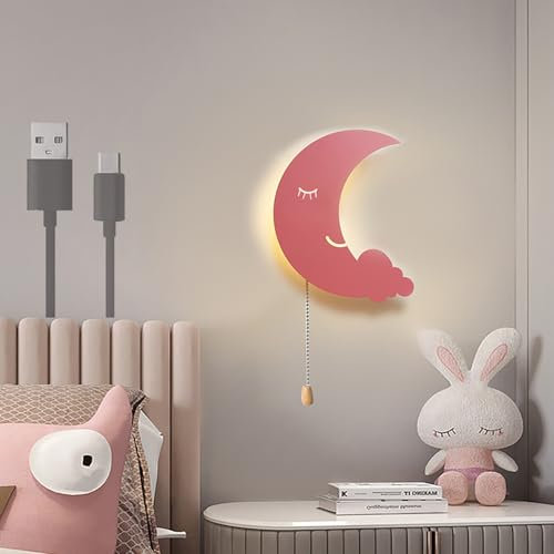 LED Kinder Wandleuchte mit Schalter Wolken Wandlampe Batteriebetriebene Kinderzimmer Lampe Mond Nachttischlampe Mädchen Schlafzimmerlampe Nachtlicht Innen Wandbeleuchtung (Rosa B,Neutrales Licht)