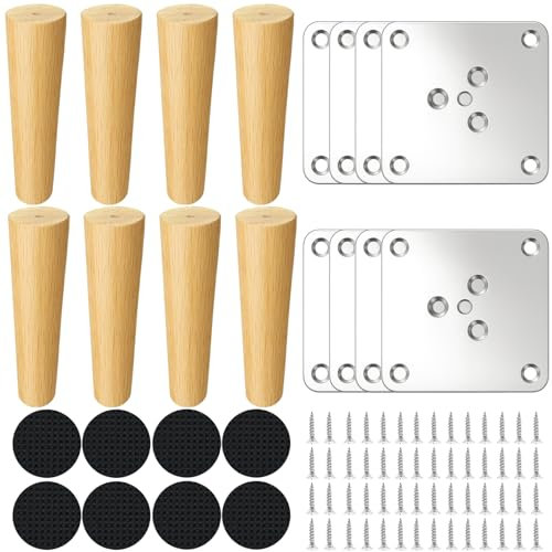 JinPhon Pied Meuble Scandinave 15cm, Lot de 8 Pieds Meuble en Bois de Chêne Massif, pour DIY Canapé, Armoire, Table Basse, Buffet, Commode, Kit d'Installation Complet