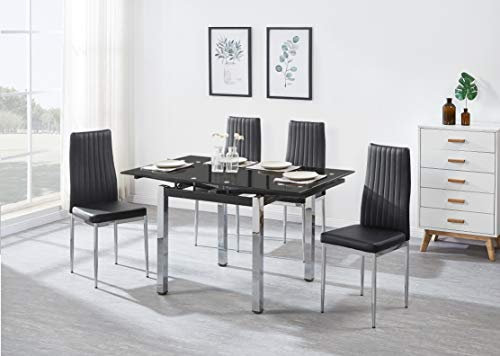 Moderner Esstisch aus schwarzem Glas, ausziehbar, mit 4 schwarzen Kunstleder-Stühlen, stilvolles und vielseitiges Esstisch-Set für jedes Zuhause