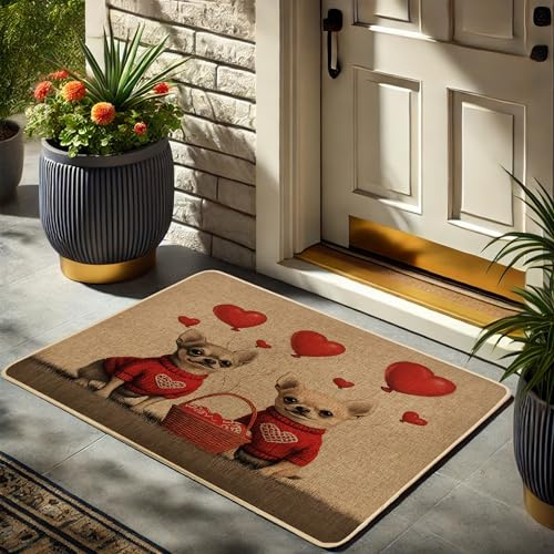 Fußmatte mit niedlichem Chihuahua-Motiv, rote Herzen, für drinnen und draußen, rutschfest, wasserdicht, dekorativ, leicht zu reinigen, 73,2 x 43,2 cm