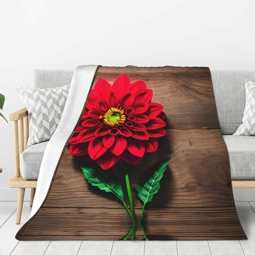 Holzbrett, Retro-Blume, roter Dahlien-Druck, superweiche Flanelldecke, leichte warme Decke, bequeme Sofa-Bettdecke