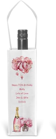 70th Birthday Gift For Her - Personalised 70th Birthday Gift Bag For Bottle of Champagne Wine Spirits with Age 70 Pink Balloons Design