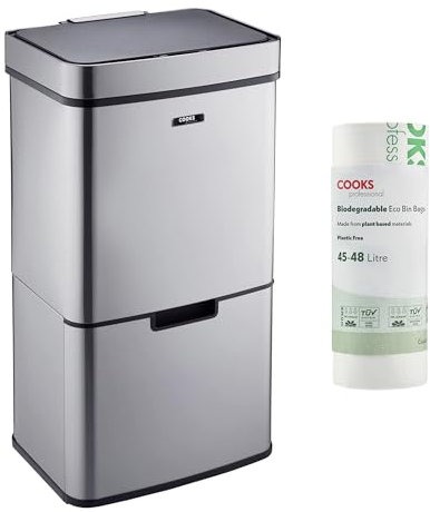 Cooks Professional Recycling Sensor Bin 75L with Dual Compartments and Removable Food Caddy for Kitchen | Smart Automatic Brushed Metal Bins | Includes 25 Biodegradable Bin Bags | Silver