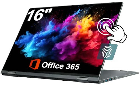 jumper Laptop 16 Zoll, 2 in 1 Laptop mit FHD 360 Grad Touchscreen, 16GB RAM 640GB ROM, QWERTZ Tastatur mit Hintergrundbeleuchtung, Fingerabdruckleser, 1 Jahr Office 365, 1920x1200, 53.2WH Akku, WiFi 6