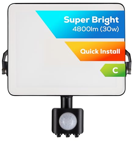TCP 30W LED Security Floodlight w PIR Sensor, Outdoor, Bright 4800lm, Cool White 4000K, IP44 Waterproof, Easy Install Long Adjustable Bracket, Easy Push Connector, Enery Class C, No Plug Garage Garden