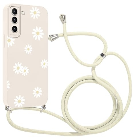 Coalbooliy Handykette für Samsung Galaxy S21 FE（5G） Hülle mit Band 6,4'', Aesthetic Sommer Weiß Blume Muster Kameraschutz Handyhülle mit Kordel zum umhängen Silikon Mädchen Schutzhülle, 05