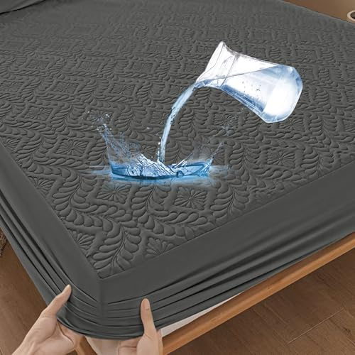 Premium Matratzenschoner wasserdichte 140x200cm Spannbettlaken Luxus, 3D-Muster, Atmungsaktive Matratzenbezug Wasserundurchlässiger Matratzen-Schutz Nässeschutz Spannbetttücher-Dunkelgrau