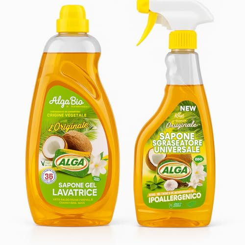 Set Sapone Gel Lavatrice 1950ml + Sgrassatore Universale 500ml – Per Alga Detergenti Naturali all’Olio di Cocco – Ipoallergenici, Vegetali, Eco-Friendly – Totale 2,45L