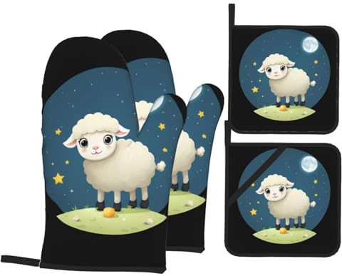Guanto Forno Stampe Dell'Agnello E Della Luna 4 Pezzi Traspirante Guanti Isolanti Lavabili Guanti Da Cucina Per Grill Pizza Grigliare