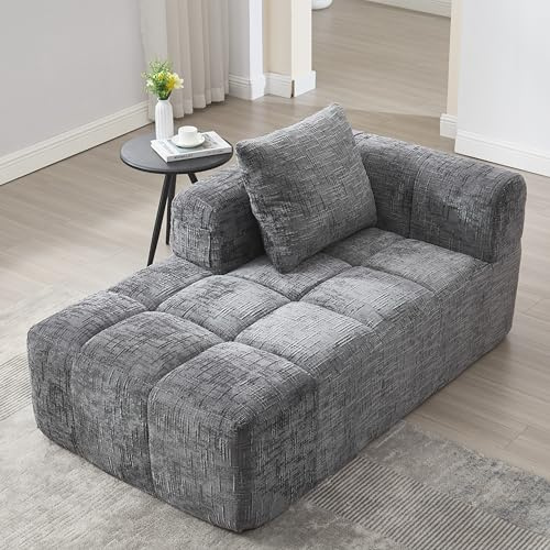 Ball & Cast Boneless Couch, L Couch mit Schlaffunktion, Chenille Modulares Sofa mit Seitentaschen, Montagefrei, Grau, 1 Sitzplatz