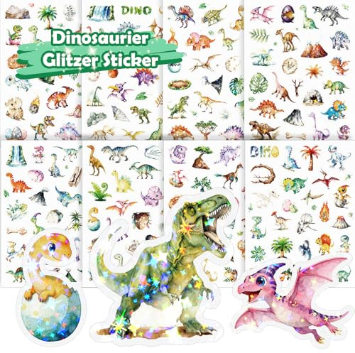 Dinosaur Glitter Stickers for Children, 8 PCS Cute Dino Stickers, Holographic Finish, Suitable for Books, School Bags, Tablets, Bicycles, and Drinking Cups