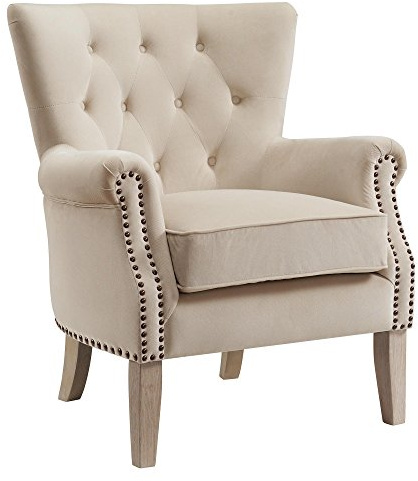 Lounge Sessel Beige, gepolsterter Relaxsessel im Mid-Century-Design mit Massivholzbeinen, Armlehnstuhl für Wohnzimmer, Schlafzimmer und Home Office, 73 x 75 x 86 cm