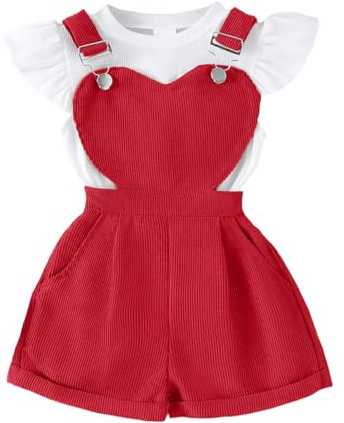 JENJON Abbigliamento Estivo per Bambina Set Top a Coste a Maniche Corte con Volant + Regolabile Salopette Corta con Stampa Floreale/a Cuori e Tasca Vestiti Set