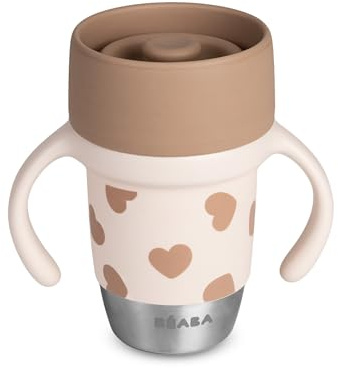 Béaba, Taza de Aprendizaje de Acero Inoxidable Click & Drink – Taza 360° Sin Válvula, Antifugas, Antiderrame, Evolutiva, Apertura con 1 Clic, Vaso para Bebé y Niño, 240 ml, Big Love