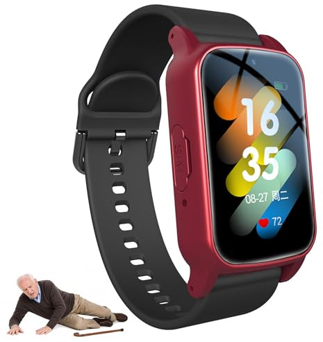 PEIKVOUL 4G Senioren Smartwatch mit SOS Notruf, Sturzerkennung, Videoanruf und GPS Ortung in Echtzeit, GPS Uhr für Senioren, SIM Karte Erforderlich (Rot)