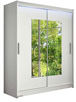 Mirjan24 Westa III - Armoire à portes coulissantes - Penderie avec miroir - Armoire moderne à portes coulissantes - Garde-robe pour chambre à coucher (blanc, avec éclairage LED RVB)