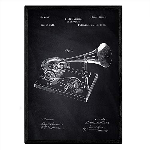 Nacnic Poster Patent Grammophon. Blatt mit altem Design-Patent A3-Format mit schwarzem Hintergrund