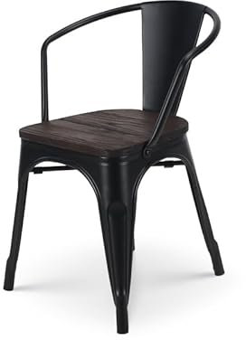 Kosmi - Black Metal Chair and Dark Wood Industrial Factory Factory Metal Black Matte, Dark Wood Seat and Armrests