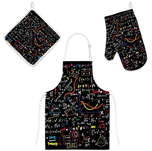 My Daily Kochschürze mit Taschen, Ofenhandschuh und Topflappen-Set, lustig, Mathematik Doodle bunt, verstellbare Schürze, Mikrowellen-Handschuh, Topflappen, 3-teiliges Küchengeschenk-Set