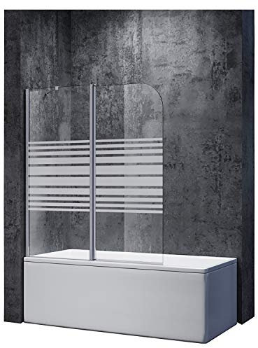 SONNI Duschwand für badewanne 120x140cm Duschabtrennung Milchglas Streifen mit Stabilisator Duschtrennwand badewannenaufsatz