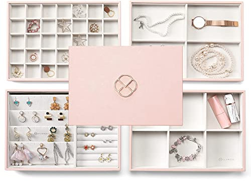 Vlando Jewelry Tray Organizer - 4 Compartments - Pink & Beige - Stackable - Drawer Jewelry Organizer - Earring, Ring, Necklace, Bracelet, Watch Storage - Wedding & Thanksgiving