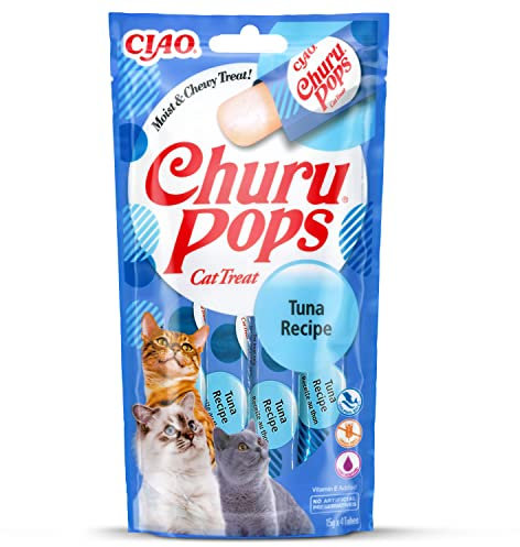 INABA Churu Pops Reich an Hühnerfleisch & Thunfisch Katzenleckerlis | Getreidefrei, Zuckerfrei, Keine Nebenerzeugnisse, 88% Feuchtigkeit, nur 7 kcal pro Tube, Premium Katzensnacks 60 g (1er Pack)